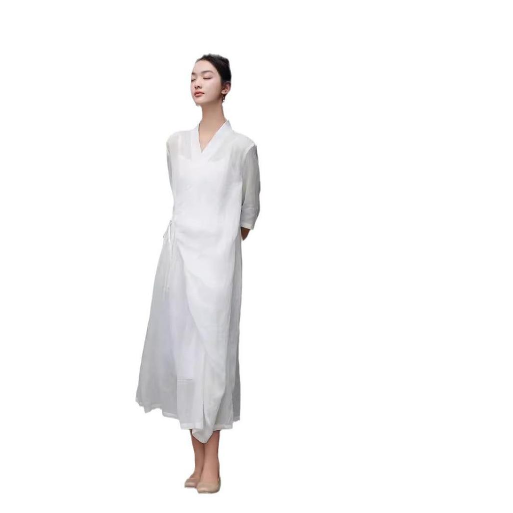 Mountain Spirit Sheer Flowy Tie-Waist Long Dress with Irregular Neckline, Women's Ramie Tea Dress