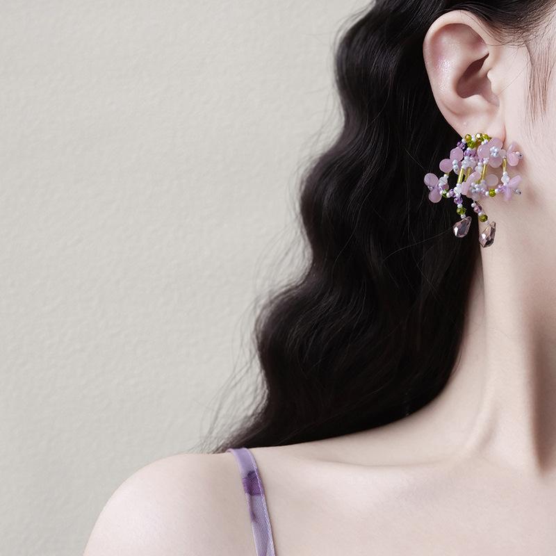 Crystal Rice Bead Tassel Flower Stud Earrings Sweet Girl Heart Earrings Color Dopamine Mori Earrings