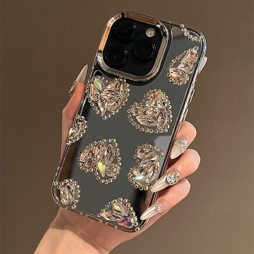 Mirror Love Phone Case For iPhone 16 15 14 13 12 11 Pro Max Fashion Rhinestone Phone Case