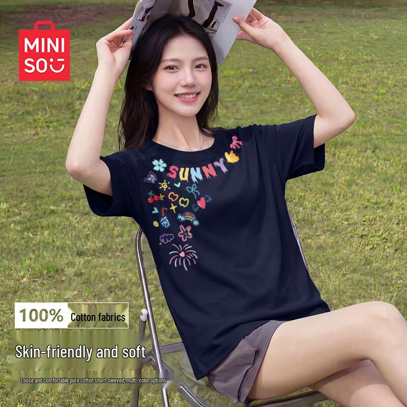 MINISO Women s Cotton Loose Fit Round Neck Short Sleeve T-Shirt M