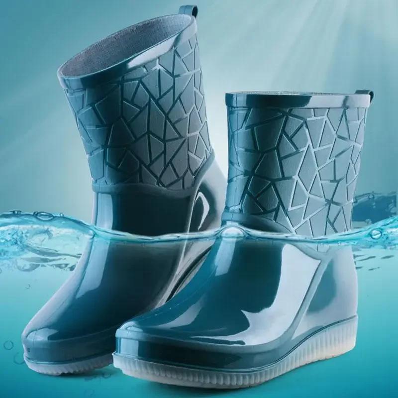 Fashion Rain Boots Women Waterproof Kitchen Car Wash Work Non-slip Mid-Calf Water Boots Antiskid Wear-Resistant Thickened Women Shoes