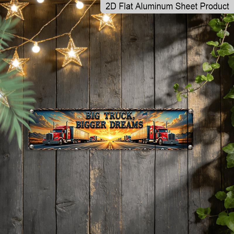 2D Flat, Vintage American Road Culture Aluminum Decorative Sign - Retro Red Truck & Flag Metal Decor with Frame Suitable for, Truck Stop, Restaurant