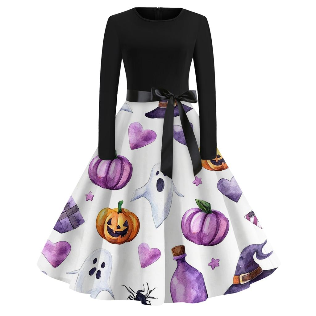 Women Casual Halloween Printed Round Neck Vintage Dress Long Sleeve Fit Flared Skirt Belted Waist Retro Style Dress for Autumn