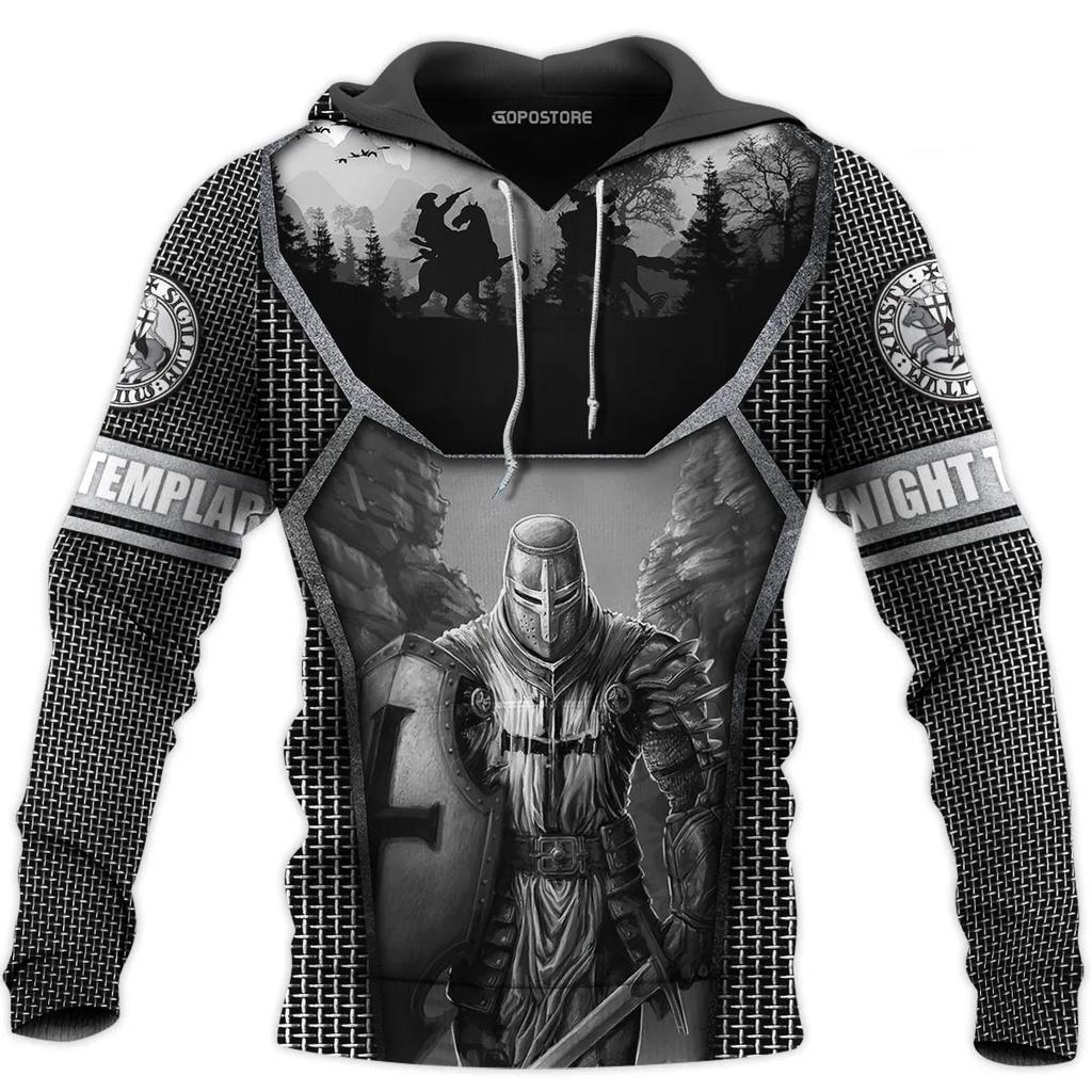 Hanorac pentru bărbați, cavalerii templieri, hanorac supradimensionat cu imprimeu 3D, jachetă largi, pulover, ocazional, cu glugă, îmbrăcăminte de stradă