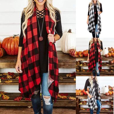 Womens Plaid Open Front Cardigan Sleeveless Pockets Drape Lightweight Vest Coat