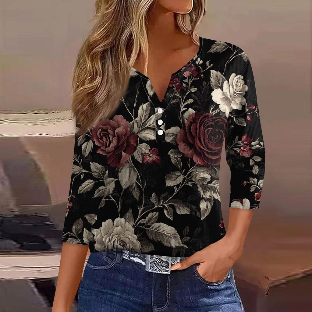 Women's T Shirt Tee Print Button 3/4 Sleeve Tunic Daily Weekend Fashion Basic V- Neck Regular Top