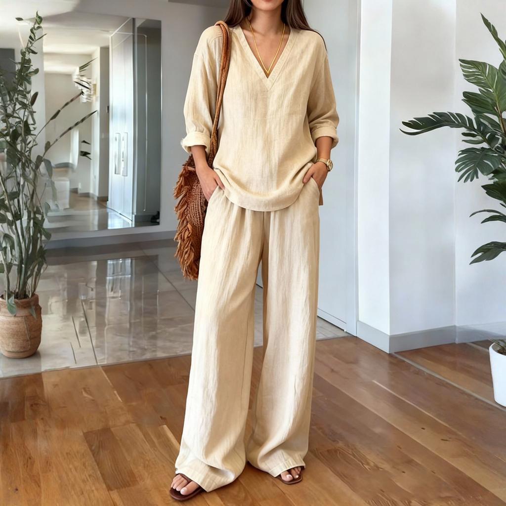 Zweiteiler für Damen - einfarbig - Baumwolle und Leinen - Langarm - V-Ausschnitt - Oberteil - Gerade geschnittene - Lässige - Hose - Set