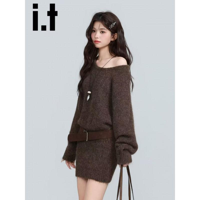 Womens Off-Shoulder Long Sleeve Knit Dress Slim Fit Casual Winter Sweater With Waist Belt