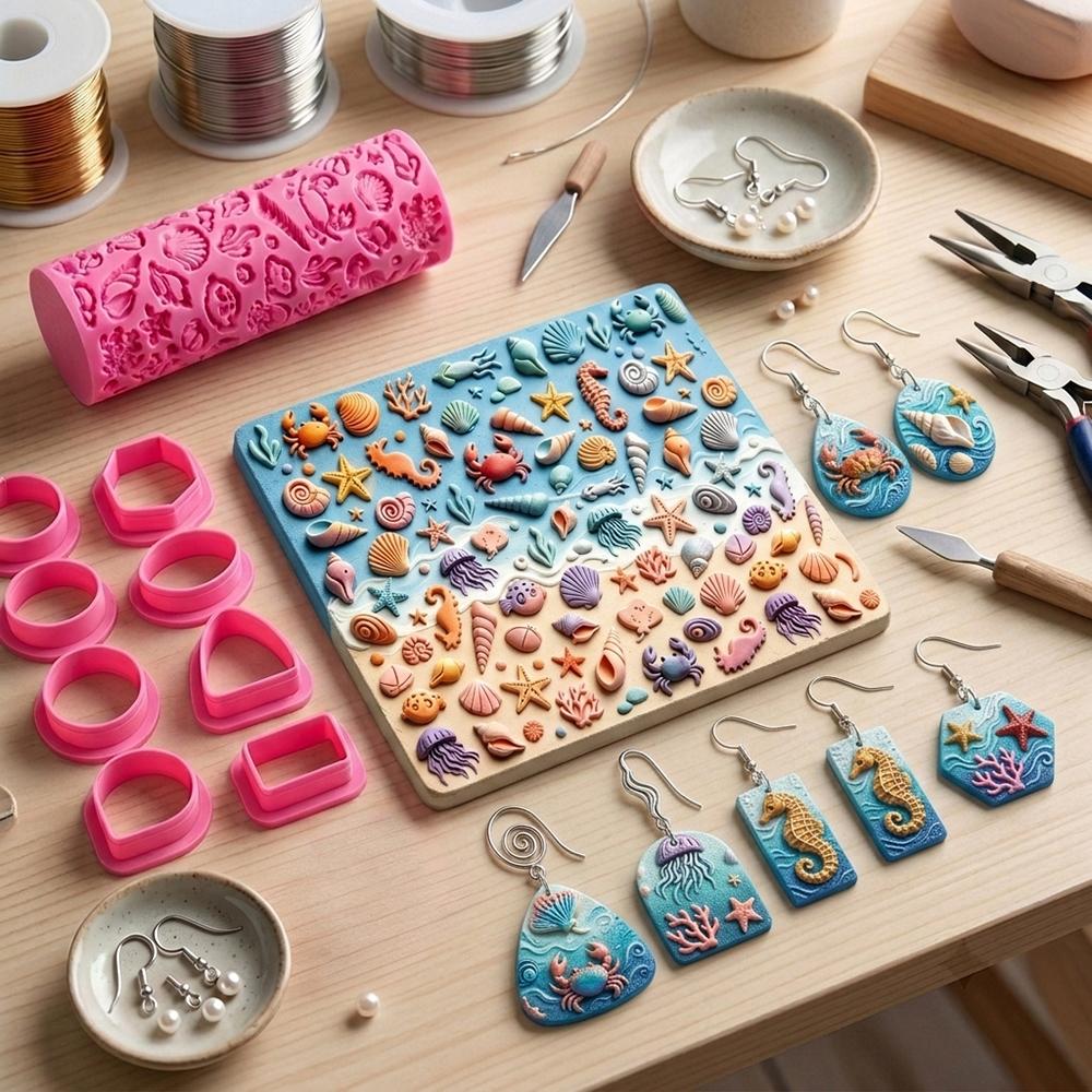 9Pcs Marine Life Summer Ocean Polymer Clay Texture Roller Geometric Polymer Clay Cutters Set Earring Jewelry Making Crafts Tools