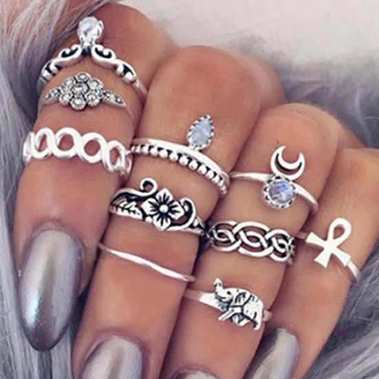 10Pcs Elephant Moon Flower Rhinestone Women Vintage Above Knuckle Midi Ring Set