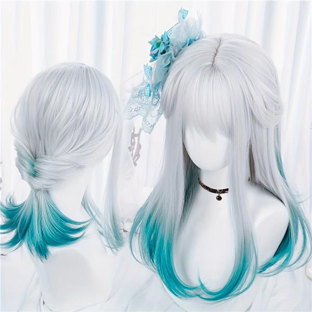 Blue White Gradient Bangs Straight Synthetic Wig with Ponytail Anime Party Cosplay Fashion 2025 New Fiber Hairdo
