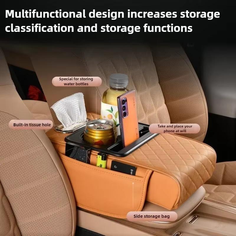 Car Armrest Box Heightening Cushion With Cup Holder Tissue Box Side Storage Pocket For Auto Interior Arm Rest Cover Height Pad