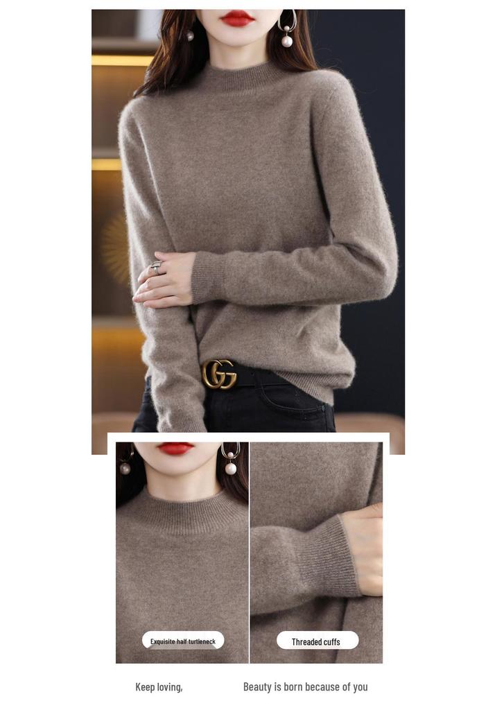 Women's Cashmere Knit Sweater - 2023 Autumn/Winter, Half-High Neck, Slimming Fit, Solid Color Pullover