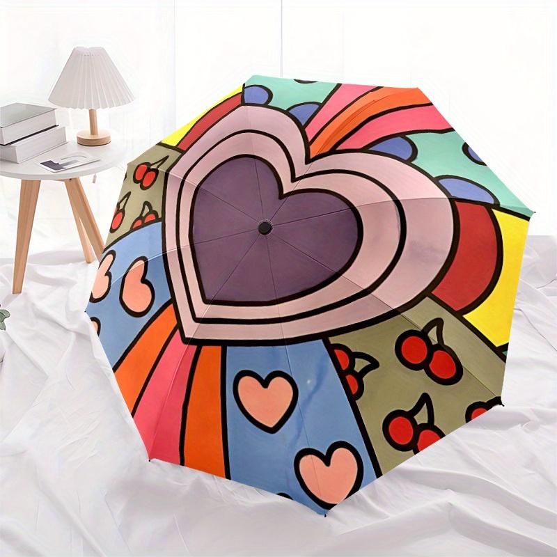1pc Heart Pattern Automatic Folding Umbrella, Portable & Foldable Design with 8 Ribs, Casual Outdoor Accessory Yy250805146