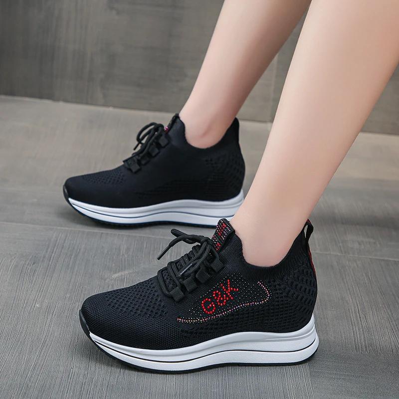 2025 Shoes Female Mesh Women's Vulcanize Shoes Outdoor Breathable Women Sneakers Crystal Increased Internal Lace Up Casual Shoes