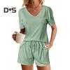 2Pcs/Set Women Summer Outfit V-neck Short Sleeve T-shirt Elastic Drawstring Waist Shorts Set Solid Color Loose Fit Casual Outfit