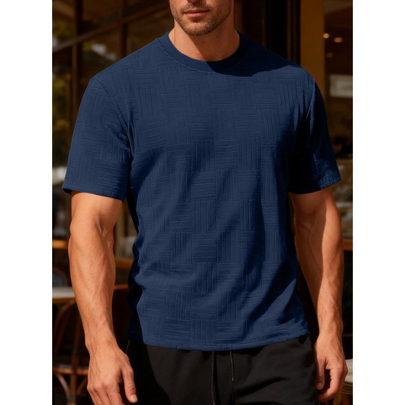 Men Geometric Textured Fabric Crew Neck Short Sleeve Casual Multiple Color Options T Shirt