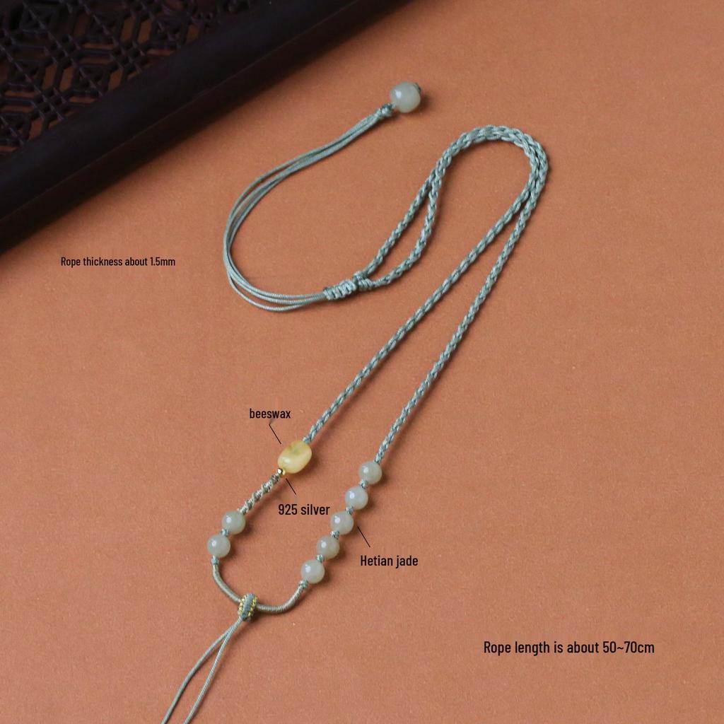 Women's Hand-Woven Four-Strand Braid Hetian Jade Pendant Necklace
