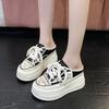 Fashion 9.5cm Increasing Height Women Slippers 2024New Summer Autumn Canvas Mules Shoes Ladies Round Toe High Wedge Platform Slides Shoe