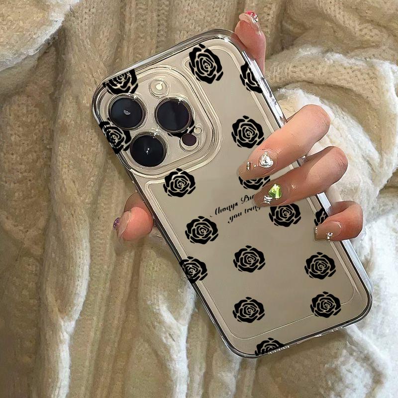 Black Rose Floral Clear Phone Case for iPhone 17 Air 16 15 14 11 Pro Max Plus 13 12 Mini 8 X Soft Transparent Cover