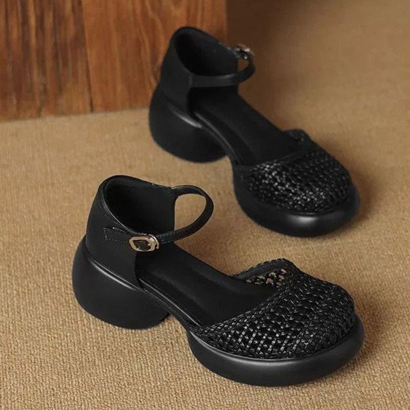 Fashion Thick-heeled Woven Bag Head Sandals Women's Summer 2025 New Versatile Height-increasing Casual Hollow Pig Cage Shoes