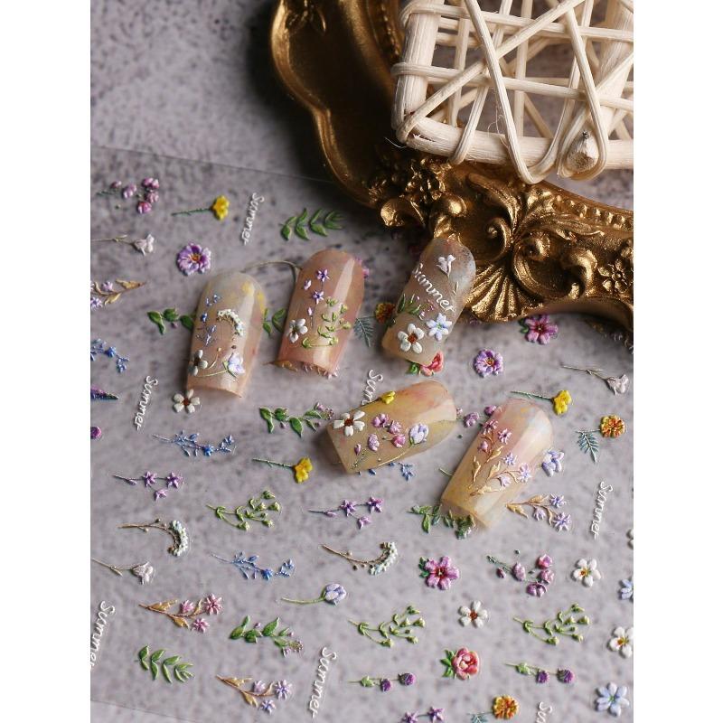 1pc Spring & Summer Floral Embossed Nail Art Stickers, 5D Adhesive Nail Decorations For Acrylic Nails, Women & Girls Nail Art Supplies