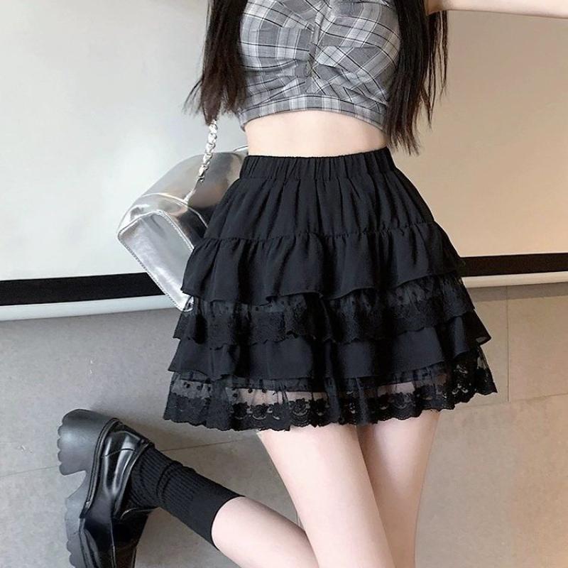 

Kawaii мини-юбка женская кружевная с рюшами в стиле пэчворк летняя балетная короткая юбка трапециевидной формы с высокой талией эстетичная кокетка для девочек S чёрный