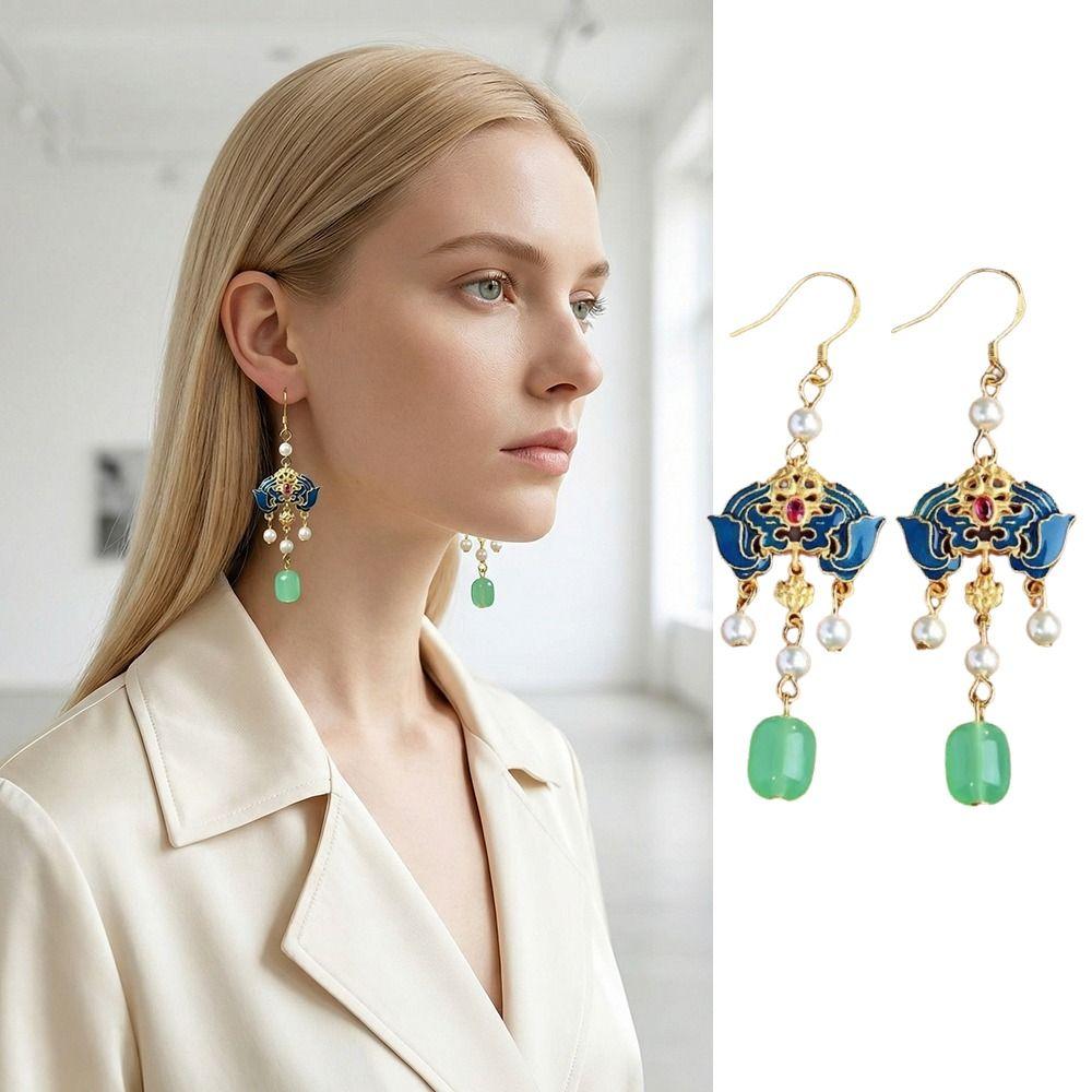 Klassische Brennende Blaue Ohrringe Quaste Imitation Perle Schmetterling Atmosphäre Stecker Ohrringe Cheongsam Zubehör