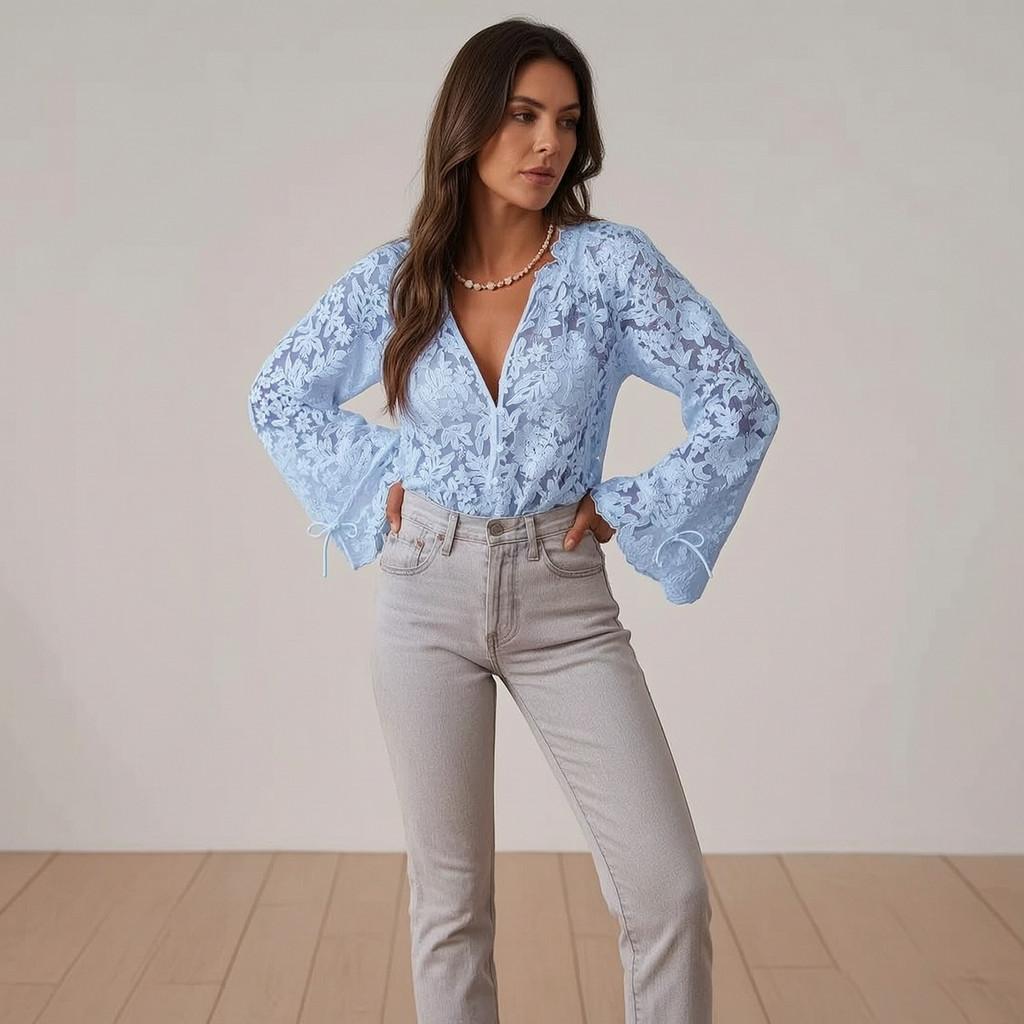 Summer Lace Shirt For Women With Long Sleeves And Round Neck In Pure Color For Street Style Fashion