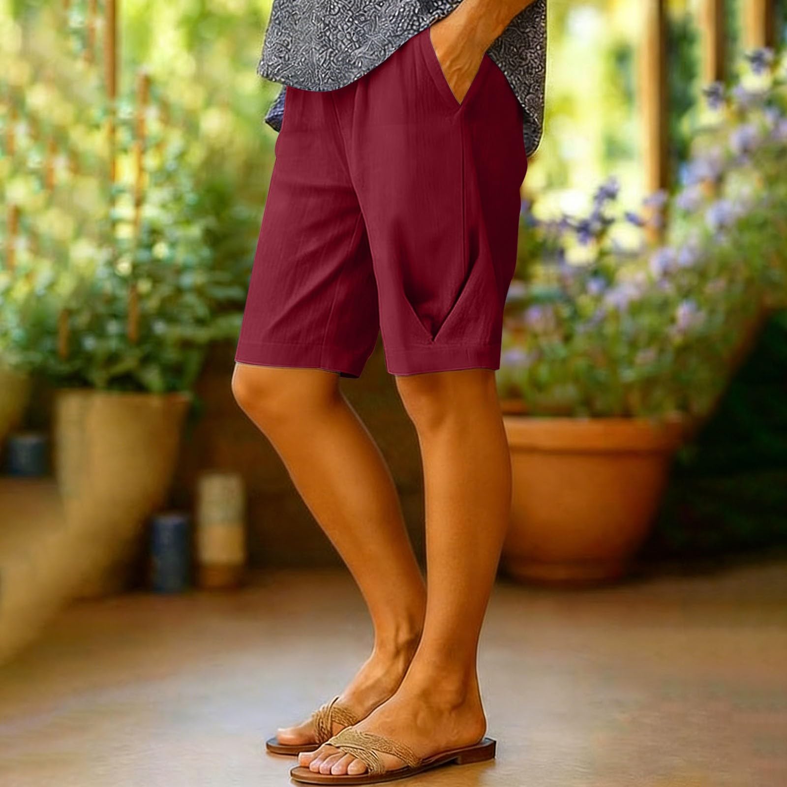 

Women s Fashionable Loose-Fit Straight-Leg Shorts: Casual Cotton Wide-Leg Cropped Shorts With Elastic Waistband XXL винний