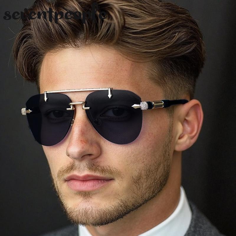 Steampunk Oversized Rimless Pilot Sunglasses Men Luxury Brand Trendy Oval Metal Punk Sun Glasses Retro Outdoor Shades UV400