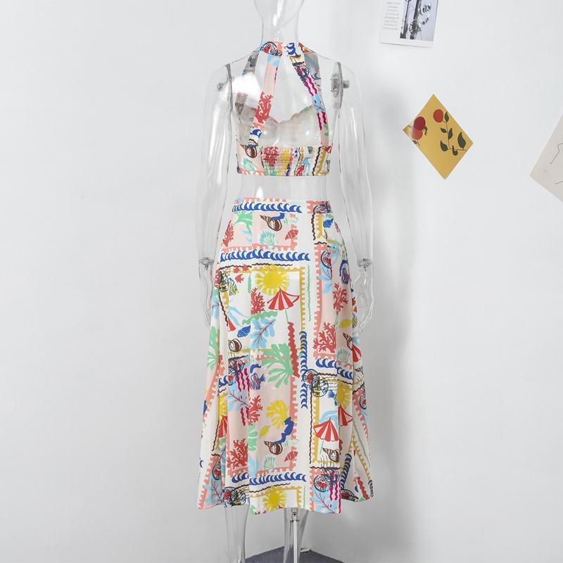 Women Sexy Printed Halter Skirt Suits Summer Sleeveless Backless Crop Top Single Breasted Split Skirts Two Piece Sets