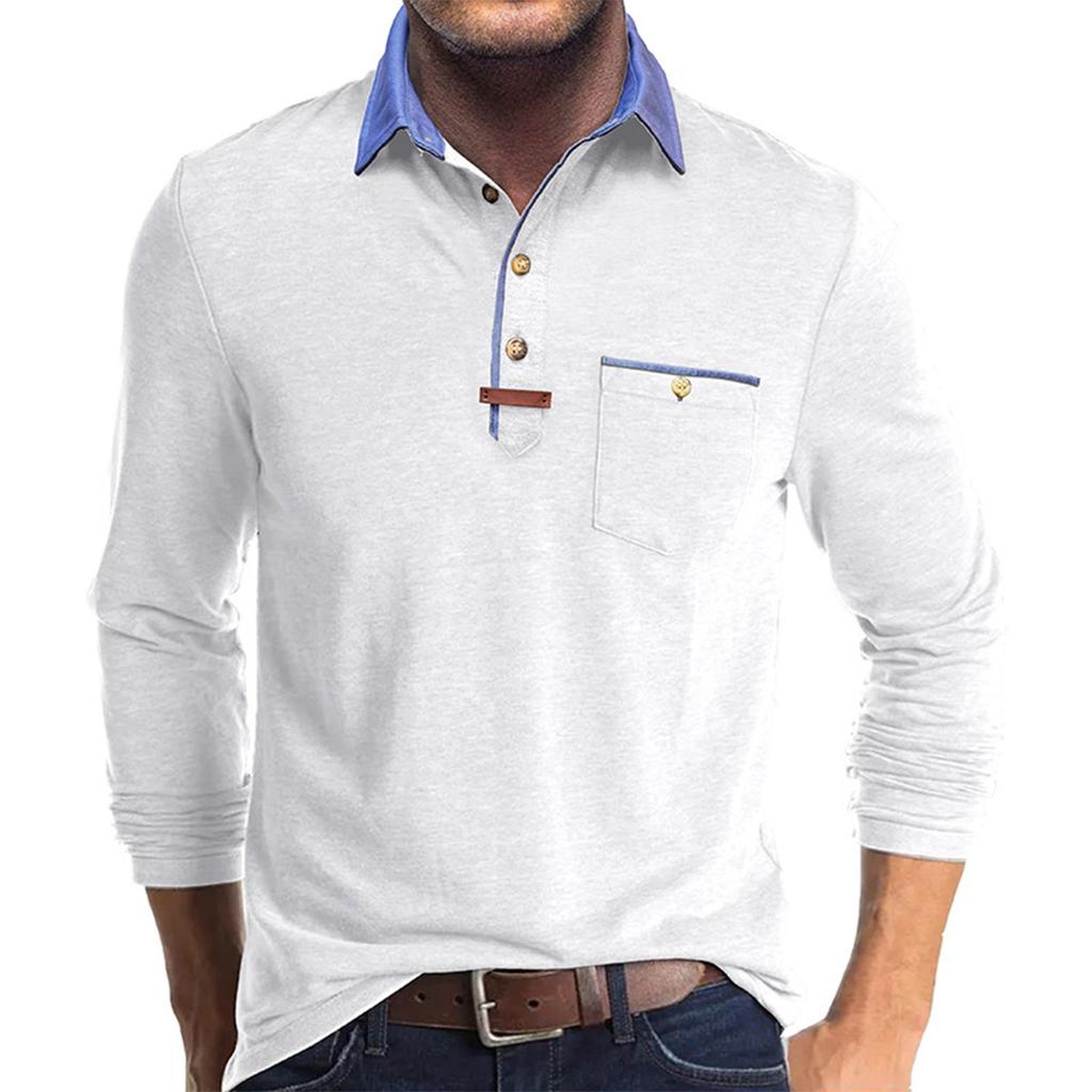 Herren Frühlings- und Farb-T-Shirt mit Kragen 3 Knöpfe Offene Knopfleiste Knöpfe Langärmliges Oberteil