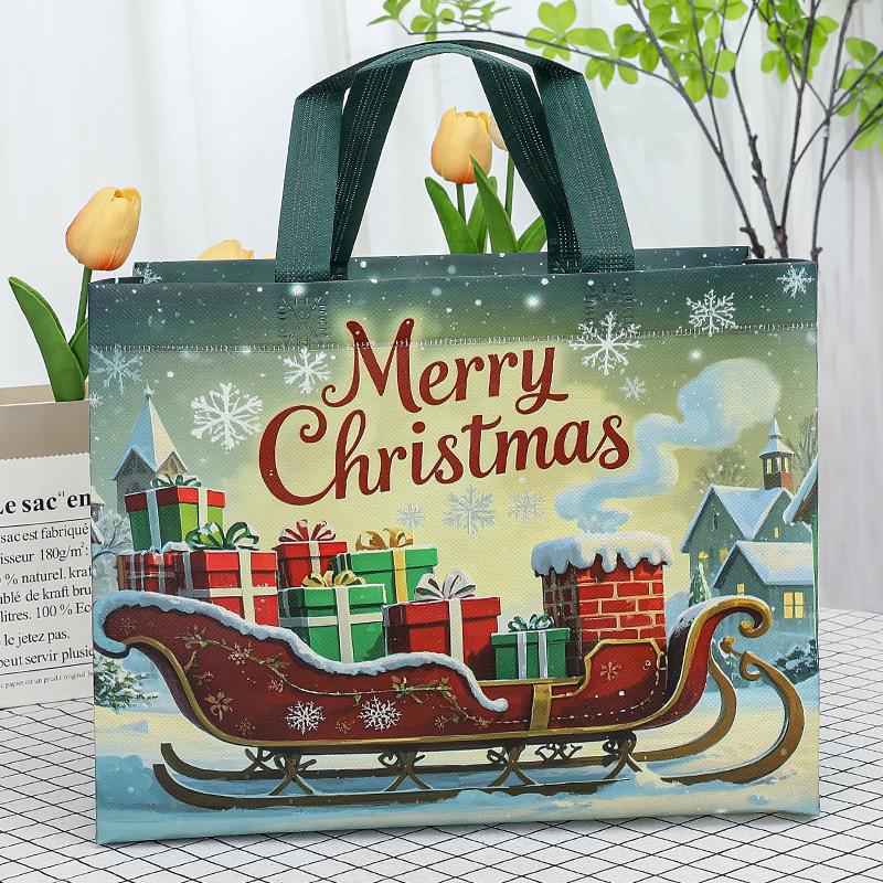 1 buc Pungi mari de cadou de Crăciun cu mânere Reutilizabile Designuri Moș Crăciun, Om de zăpadă, Brad de Crăciun - pentru Cumpărături de sărbători, Petreceri de Crăciun
