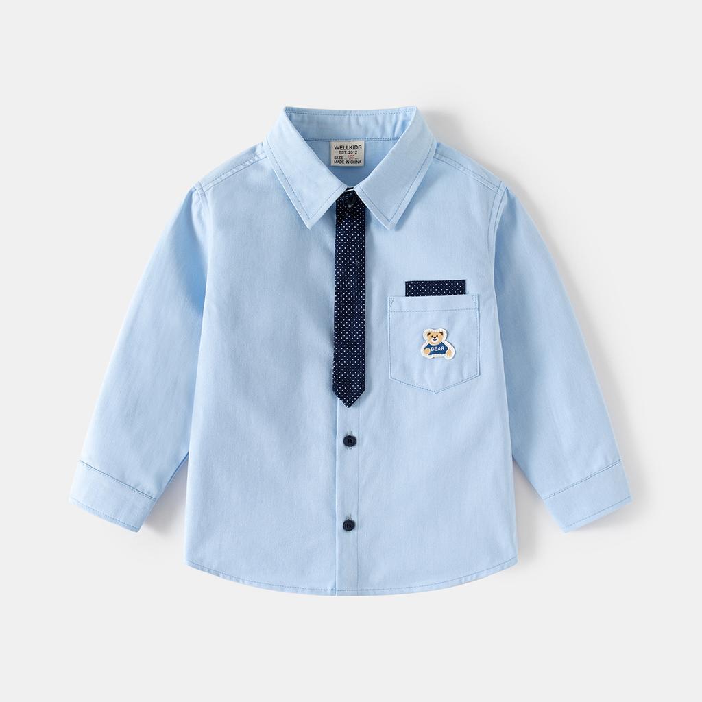 Boys Long Sleeve Shirt School Style Button Down Collared Top Loose Fit Fashion Casual Clothing for Toddler and Kids