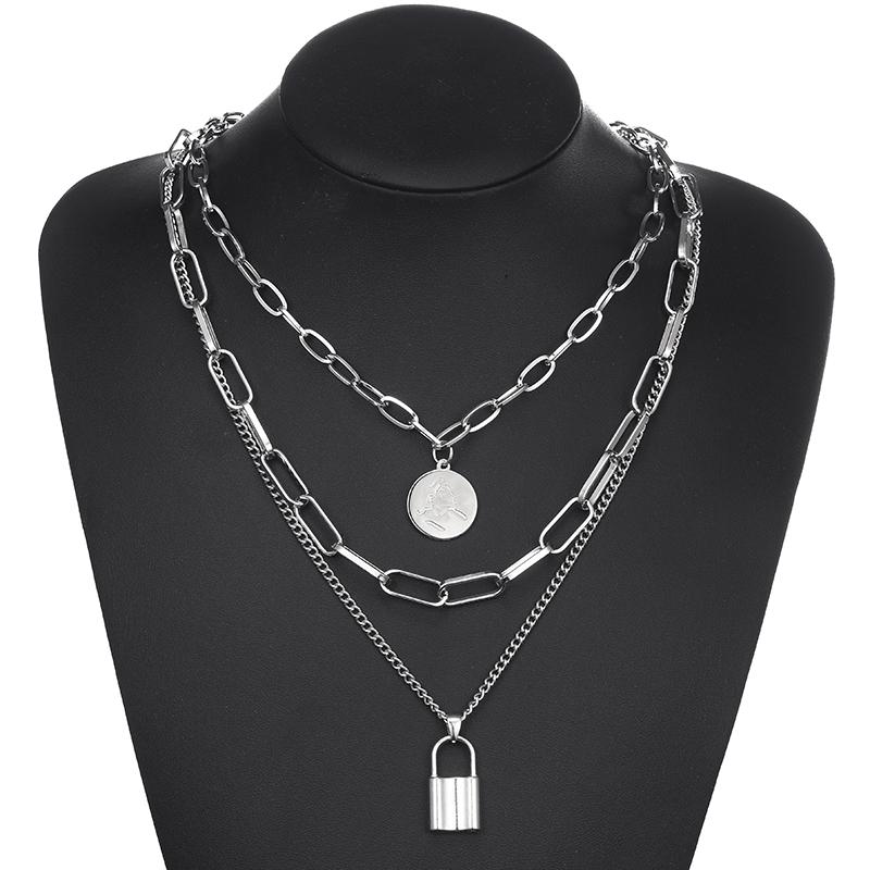 Cute Simple Chain Link Lock Necklace Pendant Women Silver Color Fashion Goth Jewelry Party Punk Maxi Collier Long Necklace Gift