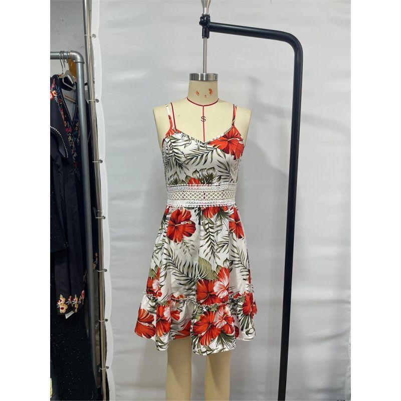 Summer Women Dress Casual Ladies Slip Skirt Sling Print Hollow Out Women's Skirt