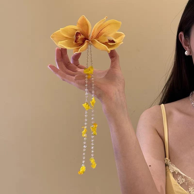 Yellow Fabric Flower Hairpins For Women Glass Beads Petal Tassel Spring Clips Sweet Romantic Barrettes Holiday Hair Accessories