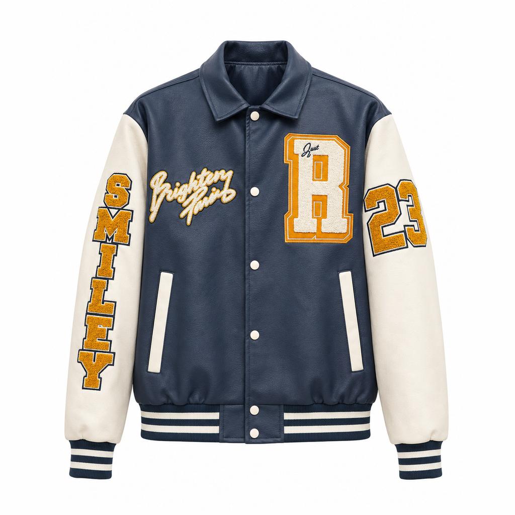 Men's baseball jersey splicing embroidered patch cotton jacket bomber jacket PU leather jacket men's American high street