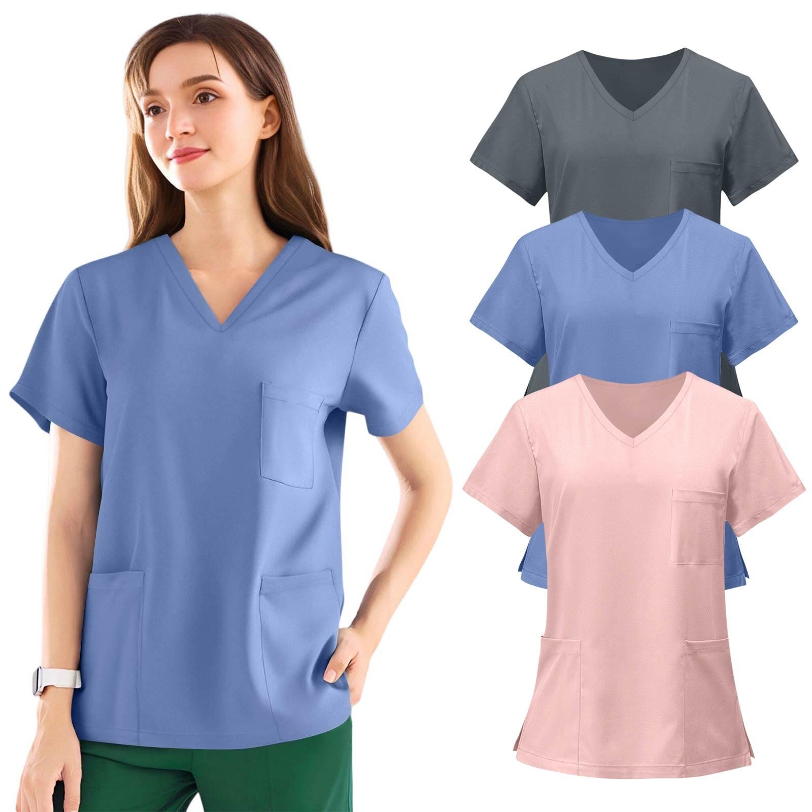 

3PC Women s Fashion Short Sleeve V Neck Pattern Tops Pocket Working T-shirts XXXXL синій