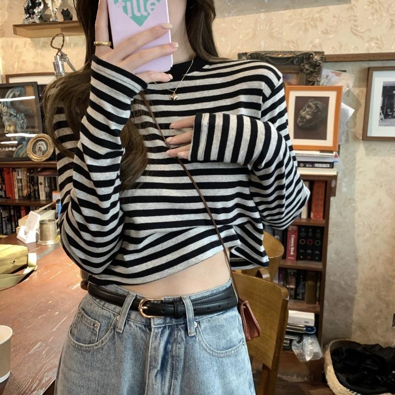 Contrasting Striped Long Sleeve Shirt Women's Autumn New Casual Skinny Inner Bottom Shirt Short Student Top