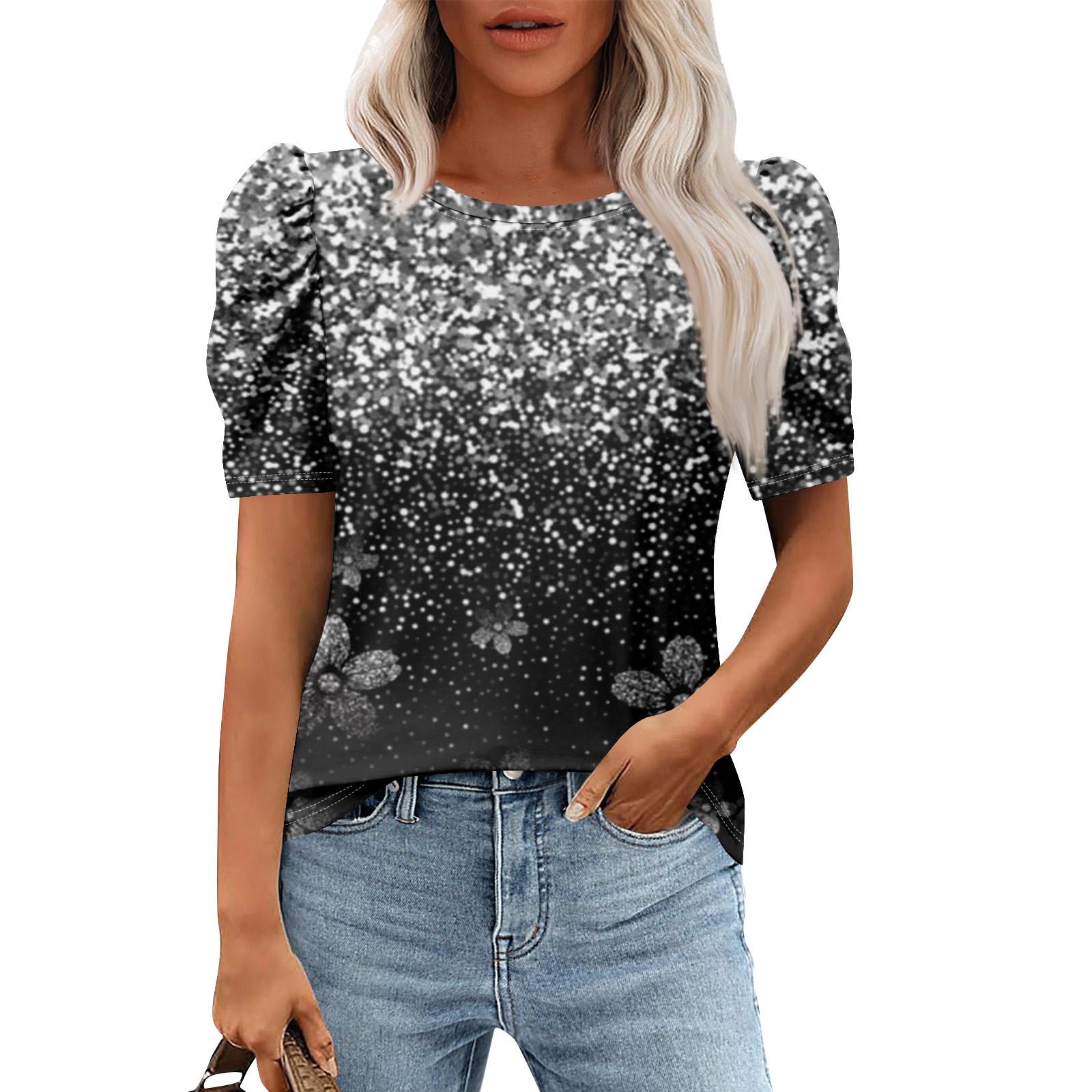 

Женские повседневные топы с коротким рукавом и круглым вырезом с принтом, туники, рубашки, летняя одежда XXXL серебряный