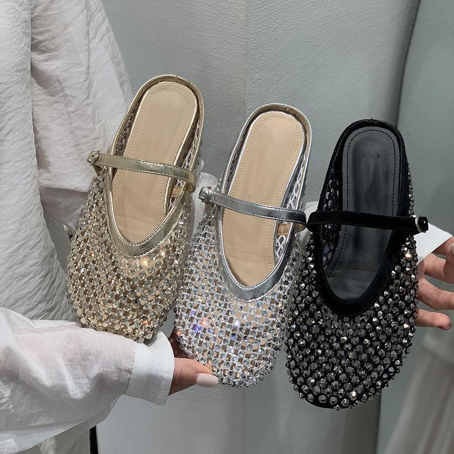 Inner height increase golden rhinestone mesh hollow bag head half slippers women's shoes outer wear 2025 summer Mary Jane sandals