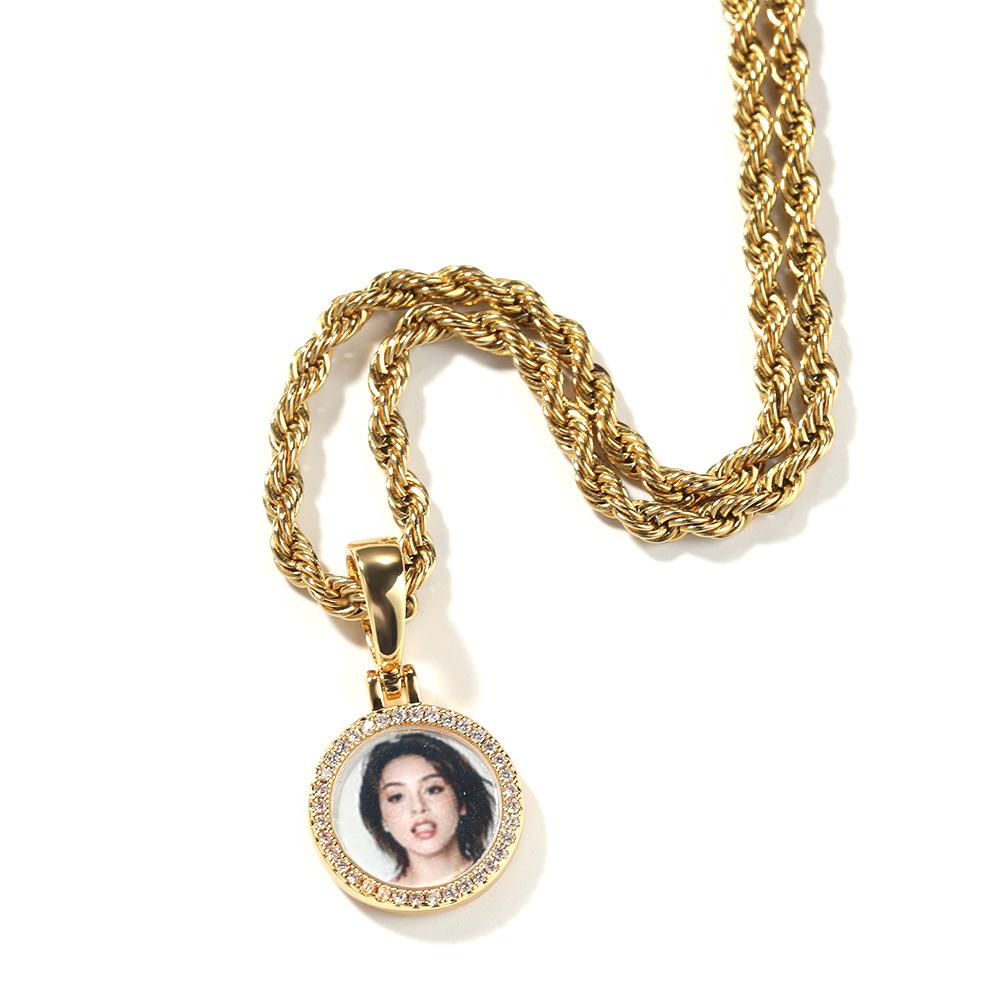 Creative micro-set zircon mini round memory photo frame pendant trendy DIY color printing photo necklace