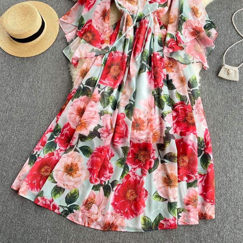 Summer Flower Series Elegant Print Fairy New Seaside Holiday Bell Sleeve Flowy Chiffon Dress