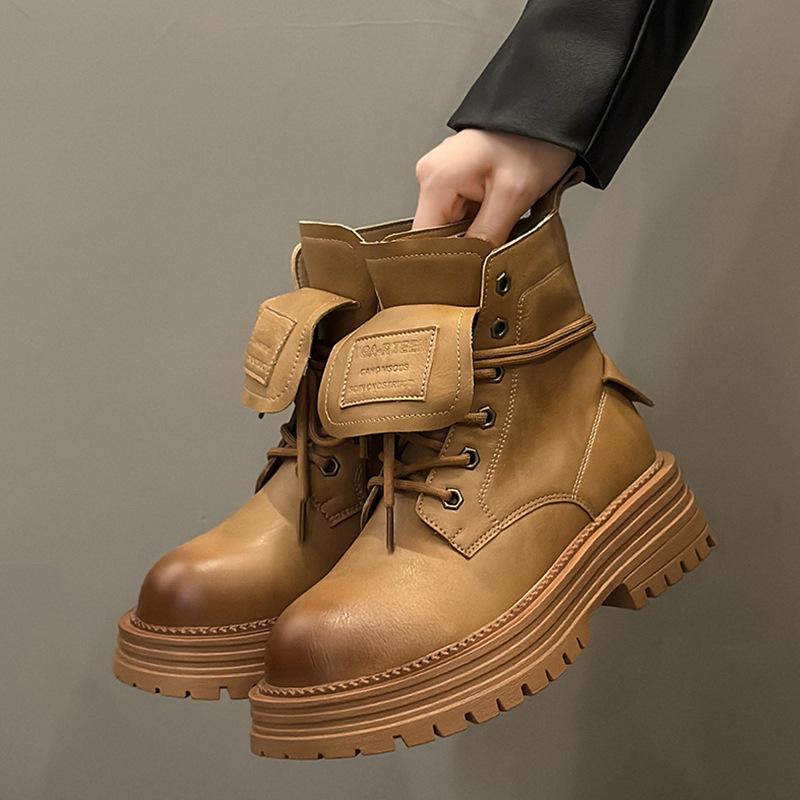 

Leather retro flip Martin boots women s 2025 autumn and winter new yellow single boots thick-soled two wear short boots rhubarb boots tide 40