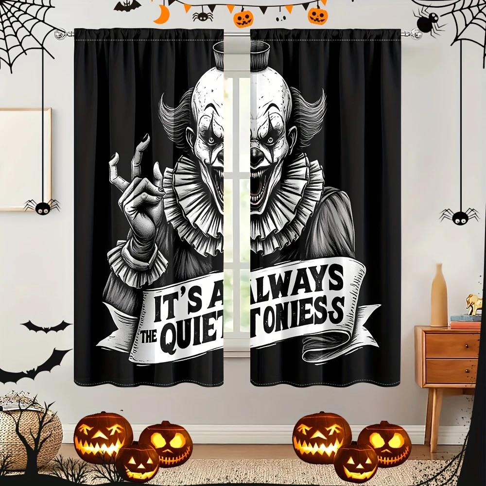 2pcs- Halloween Classic Look Gothic Clown Print Curtains, Pole Bag Home Decorations, Space Decorations Durable Material