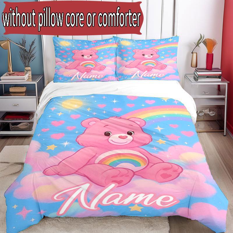 3'lü Nevresim Takımı (1*Nevresim Kılıfı + 2*Yastık Kılıfı, Çekirdeksiz), Kişiye Özel İsimli Care Bears Desenli Nevresim Takımı, Ev Yatak Odası Dekorasyon Hediyesi