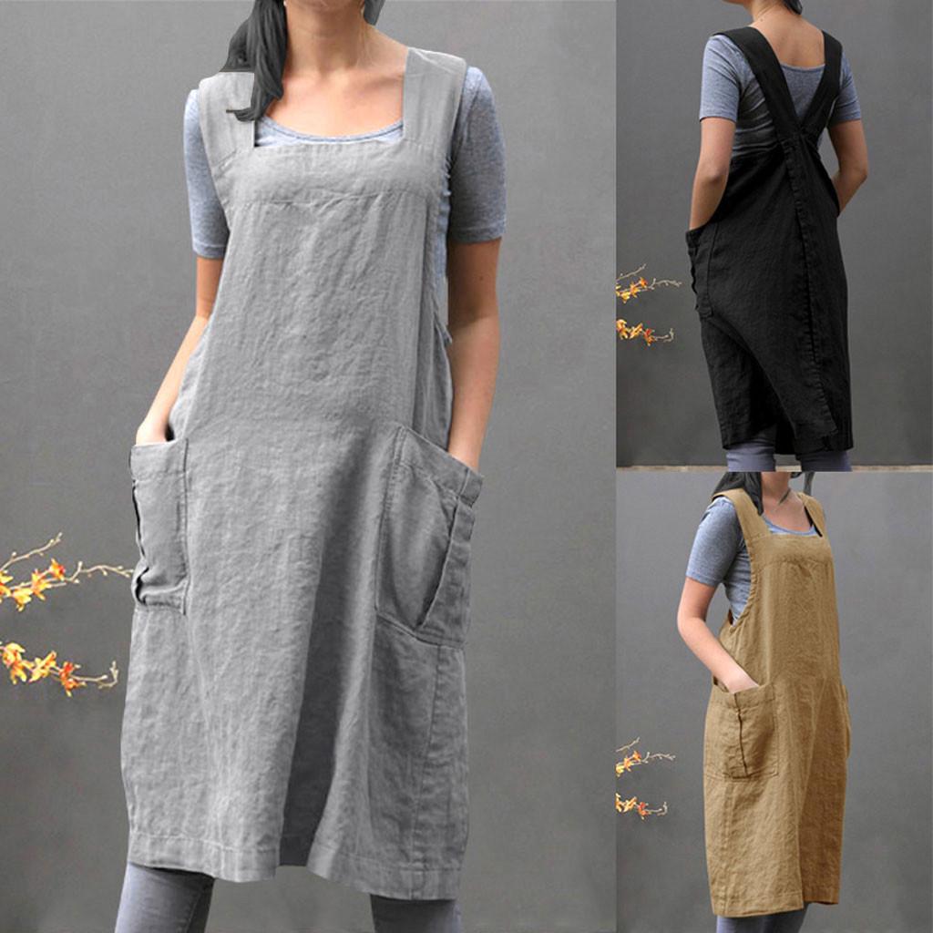 Women Vintage Loose Pinafore Cross Back Apron Casual Sleeveless Baggy Midi Dress Women Vintage Loose Pinafore Cross Back Apron Casual Sleeveless Baggy Midi Dress