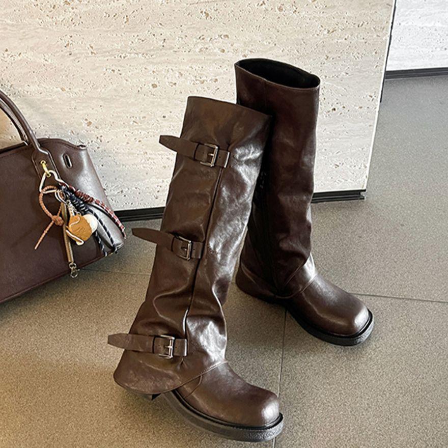 2025 neue hochhackige lange Ritterstiefel mit dicker Sohle für Damen Maillard plissierte Hosenstiefel braune Schnallenstiefel